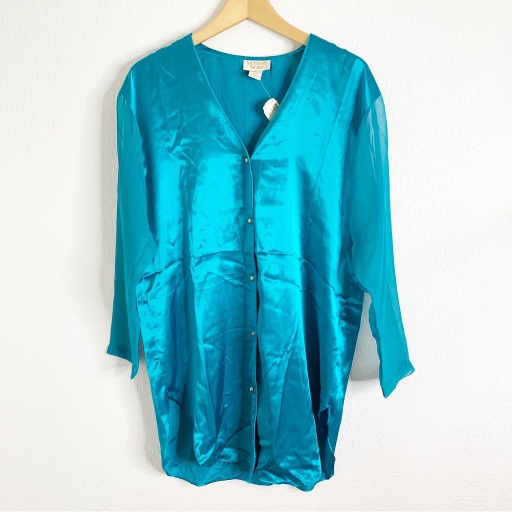 Vintage Deadstock Victorias‎ Secret Blue Silky Pearl Button Nightgown Size Small